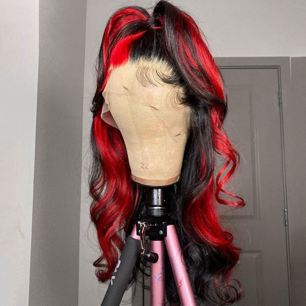 RomaNike  Red Skunk Stripe Wig body Wave Wig 13X4 Lace Front Wig