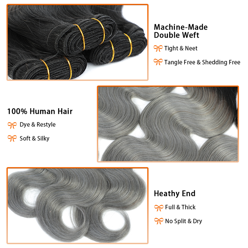 RomaNike 1B Grey  Virgin Body Wave Hair 3 Bundles