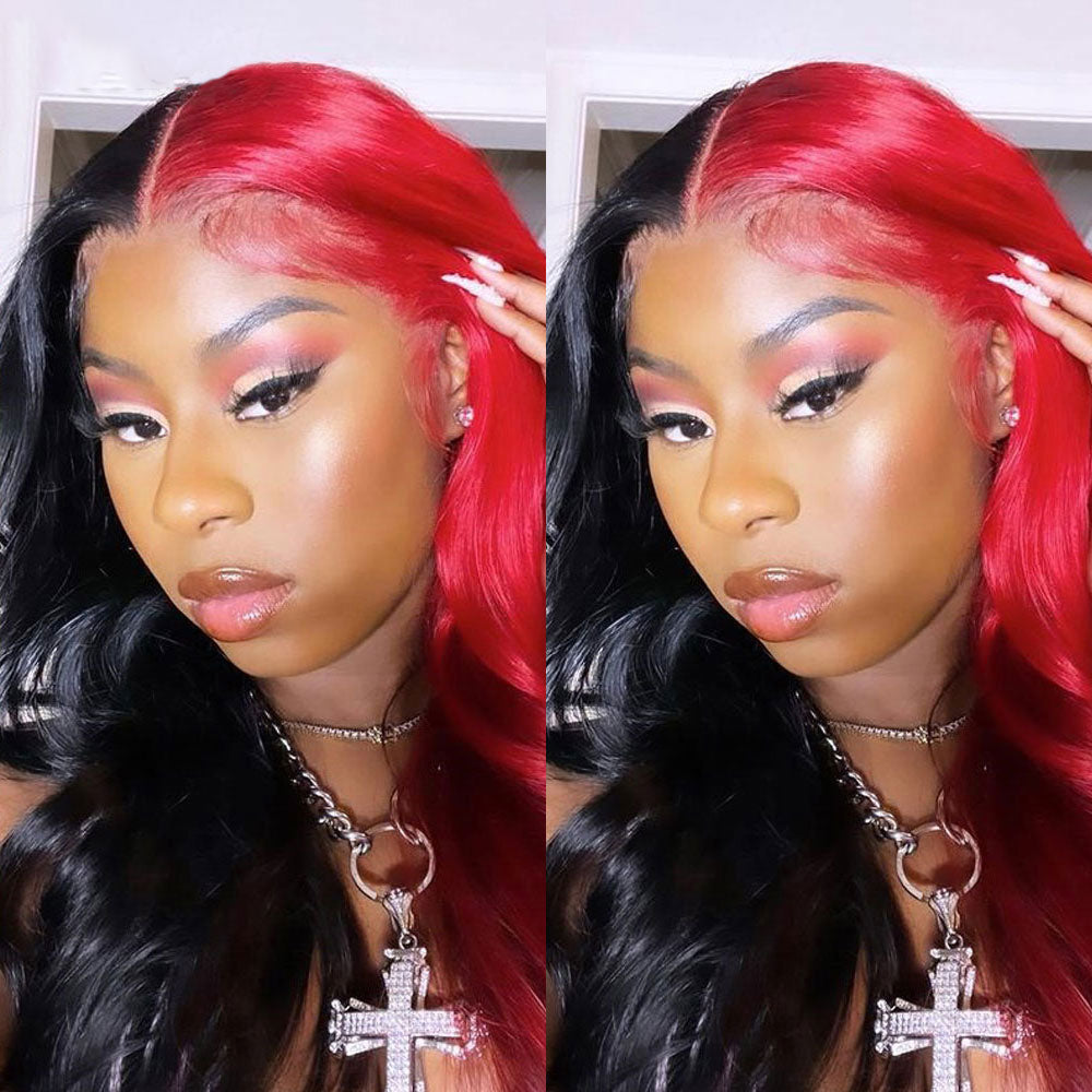 RomaNike  Red Skunk Stripe Wig body Wave Wig 13X4 Lace Front Wig