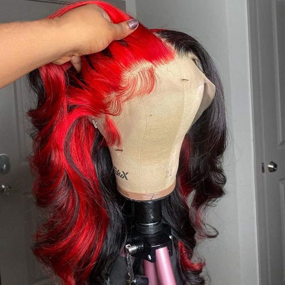 RomaNike  Red Skunk Stripe Wig body Wave Wig 13X4 Lace Front Wig