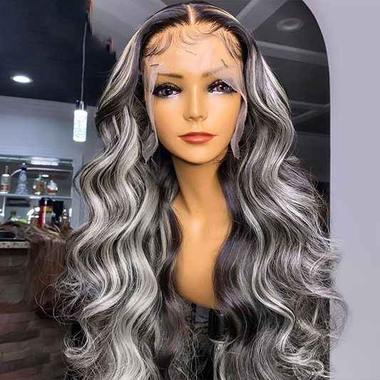 RomaNike Blonde and Black Color Skunk Stripe Wig  Body Wave Wig Hair Wig 13X4 Lace Front Wig