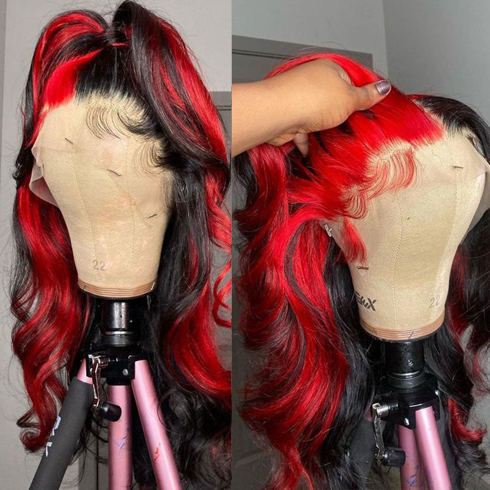 RomaNike  Red Skunk Stripe Wig body Wave Wig 13X4 Lace Front Wig