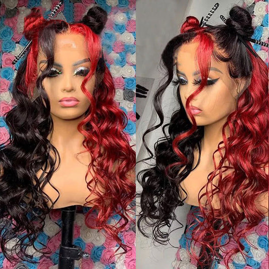 RomaNike  Red Skunk Stripe Wig body Wave Wig 13X4 Lace Front Wig