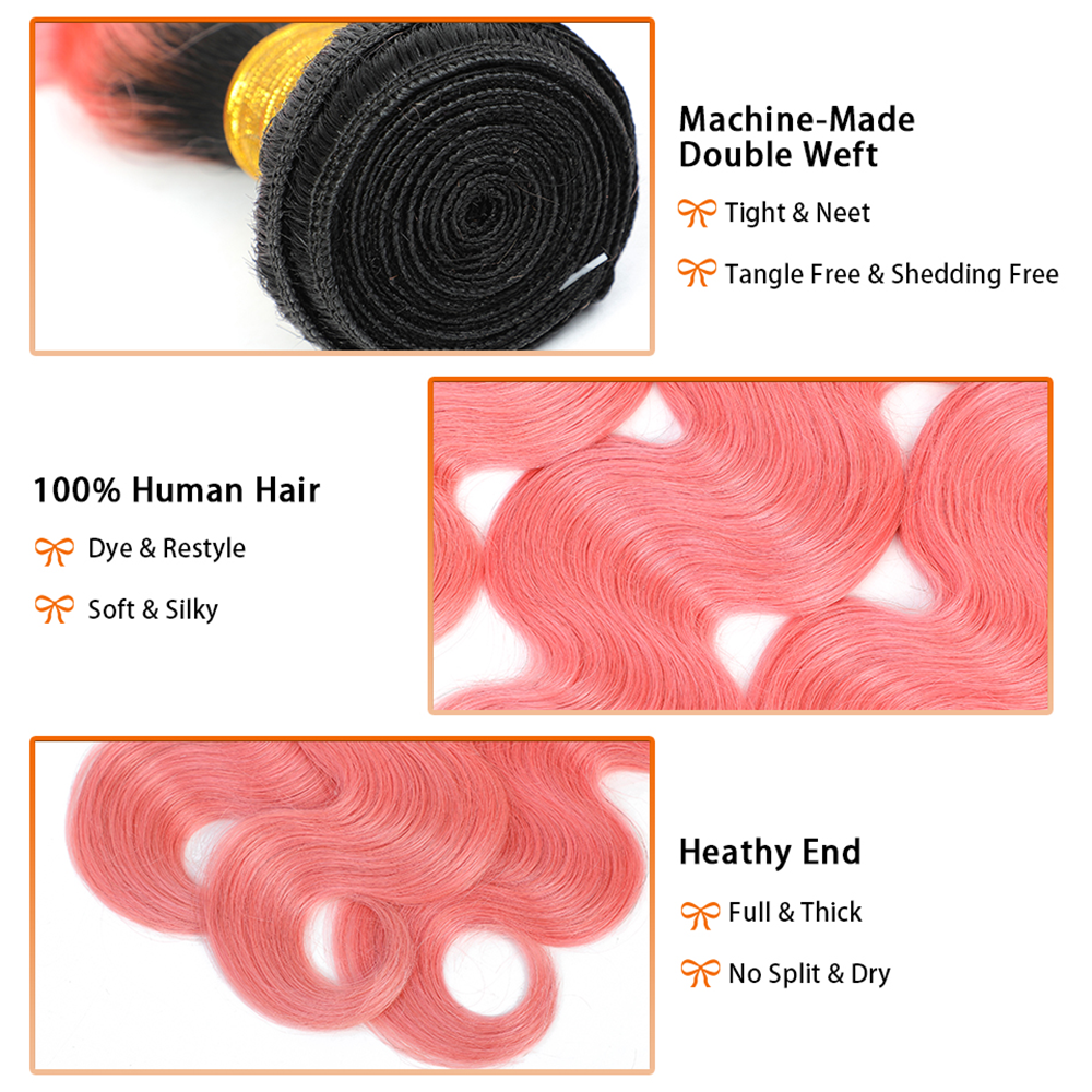 ROMANIKE 1B Pink Body Wave Hair Weave 3 Bundle